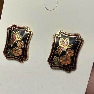 Vintage 1970s GoldTone Black Enamel Butterfly Plaque Cloisonne Stud Earrings